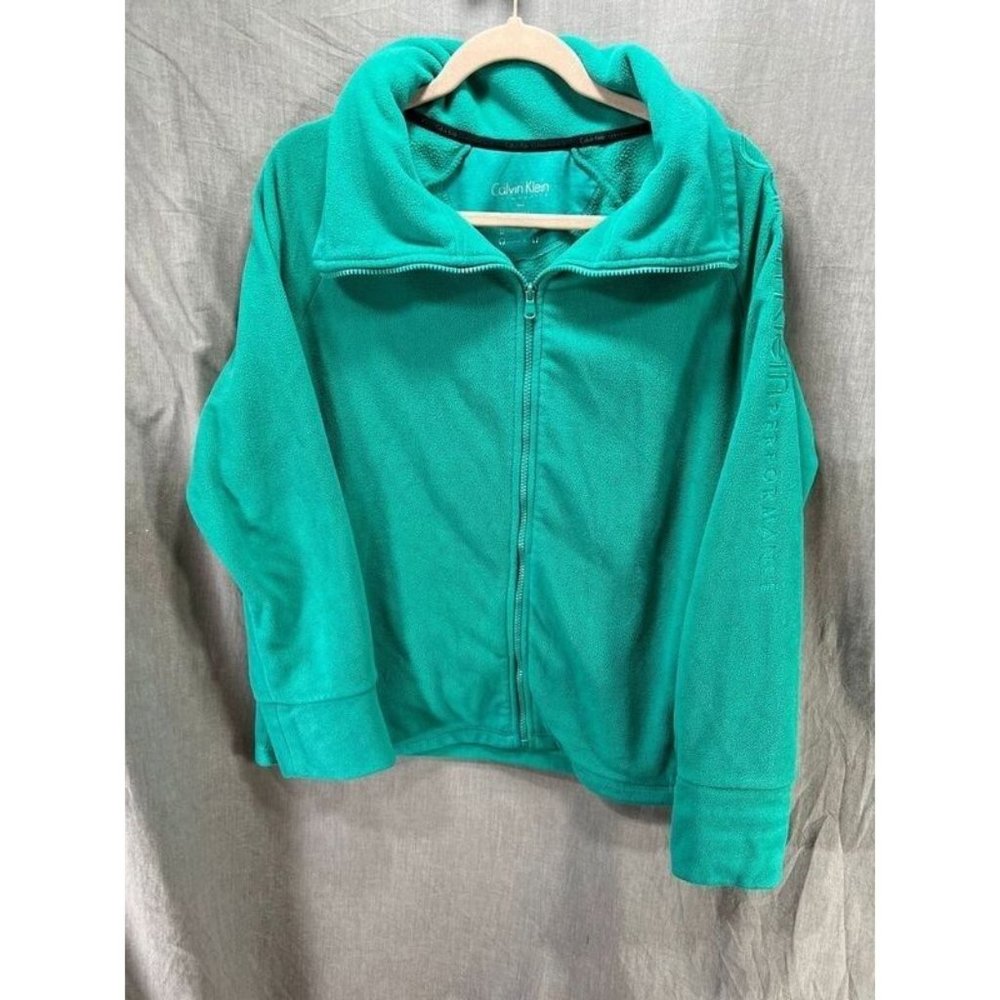 Calvin Klein Jacket Womens Small Green Fleece Zip Logo Long Sleeve Ladies